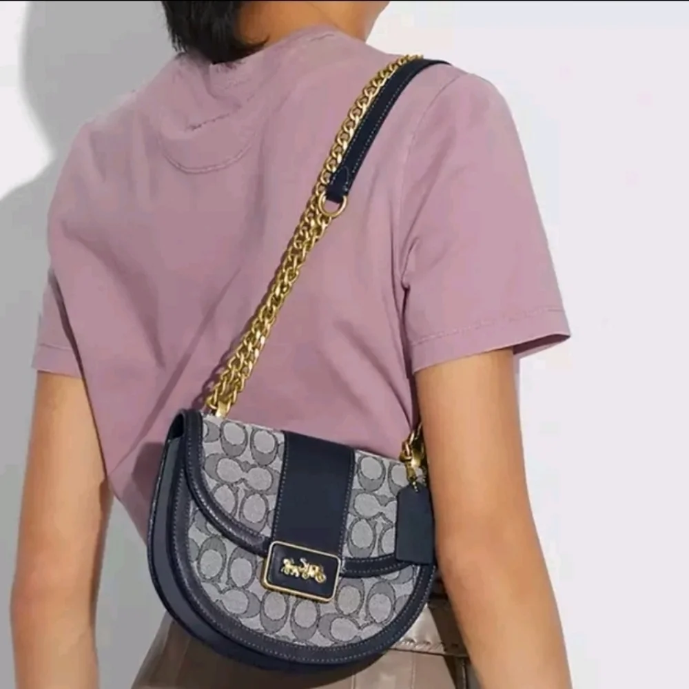 Coach Alie Saddle Crossbody Bag Navy Blue and Gold‎ Signature Jacquard Purse - Picture 8 of 14